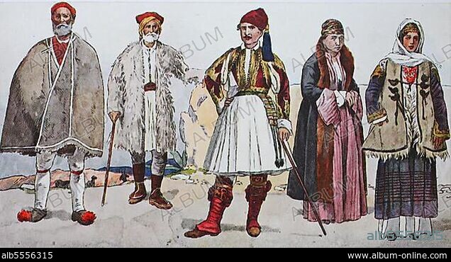 Mode, Kleidung, Volkstrachten in Griechenland um 1880, von links, ein griechischer Bauer im Ziegenmantel, ein griechischer Hirte im Lammfellmantel, ein arkadischer Abgeordneter in einer Fustanella, 1879, eine Griechin aus Konstantinopel und eine Frau aus Lala, digital restaurierte Reproduktion einer Originalvorlage aus dem 19. Jahrhundert.