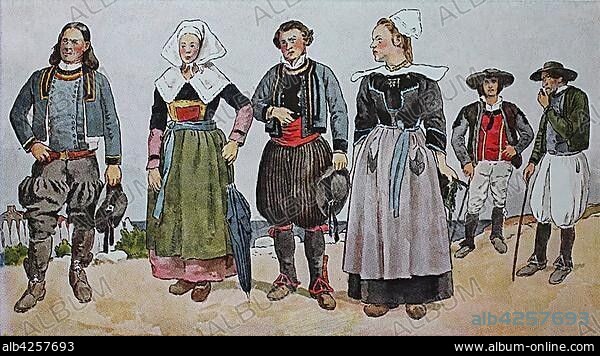 People in traditional costumes, fashion, clothing in France at the beginning of the 19th century, department of Finistere, illustration, France, Europe.