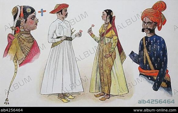 Clothes, fashion in India, from 1600-1800, from the left, a woman from a rich house, then a Mohammedan Indian with a wife and a Rajput warrior, illustration, India, Asia.