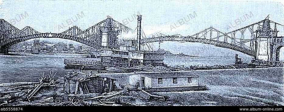 Die Brücke über den Fluss Mississippi in der Nähe von St. Louis im Bau, USA, Historisch, digital restaurierte Reproduktion einer Originalvorlage aus dem 19. Jahrhundert, North America.
