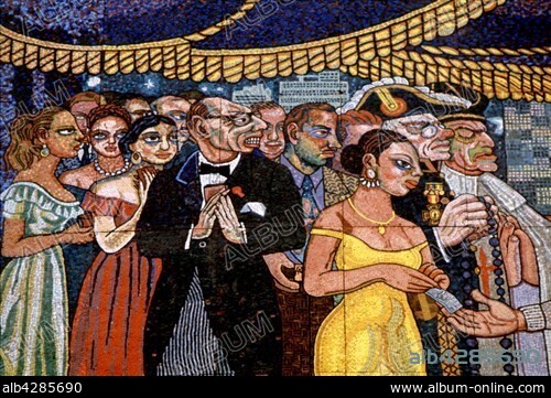 Mosaic by Diego Rivera. Frescos of the 'Teatro insurgentes'. Mexican high society, late 19th century. Mexico. Picture Alexis Grivas.. These photographic works are protected by legislation concerning literary and artistic property in all countries. Royalties are handled by ADAGP. To publish or diffuse these photographs, you must imperatively obtain the authorization of ADAGP or its correspondents abroad and to pay corresponding royalties. If you download this image in high definition, your postal address, telephone number and e-mail address will automatically be forwarded to ADAGP.. ADAGP - 11,rue Berryer - Paris. Tel. : (33) 1 43 59 09 79. Fax : (33) 1 45 63 44 89. E-mail : adagp@adagp.fr. Web : http://www.adagp.fr.