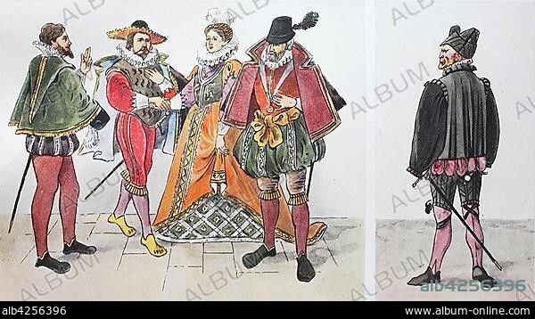 Fashion, costumes, clothing in Germany during the Spanish fashion around 1550-1600, 1585, from left, a man in Spanish costume, then one in German-style trousers, then the old man in old costume with German harem pants, Germany, Europe.
