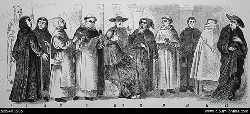 Religious knights: A Hvid Bodsbroder, a Benedictine monk, a Cistercian, a Carthusian, a Dominican, a Franciscan, an Augustinian, a Capuchin monk, a PremonstecianPremonstratensian, a Brother of Mercy, a Carmelite and a Jesuit, woodcut from 1880.