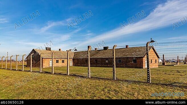 A picture of a barracks building on the other side of a fence in the Auschwitz II Birkenau Memorial and Museum.