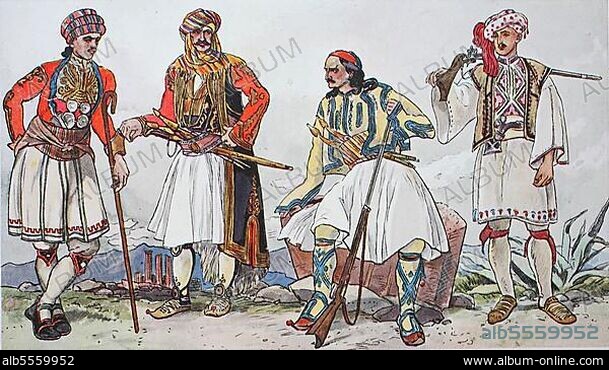 Mode, Kleidung, Volkstrachten in Griechenland um 1825-1830, von links, Bauern aus der Gegend von Athen in Festgewändern, ein Janitschar aus Janina in Südalbanien, ein Offizier aus Nauplia, ein Hirte aus der Landschaft Arkadien, digital restaurierte Reproduktion einer Originalvorlage aus dem 19. Jahrhundert.