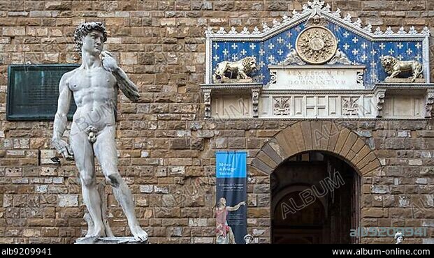 FLORENCE, TUSCANY/ITALY - OCTOBER 19 : Statue of David by Michelangelo on the Piazza della Signoria in front of the Palazzo Vecchio Florence on October 19, 2019.