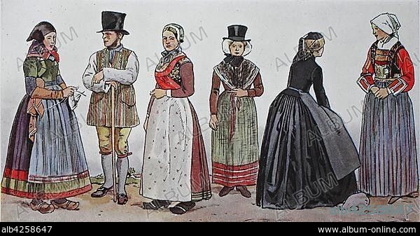 People in traditional costumes, fashion, clothes in Denmark, folk costumes in the modern history, illustration, Denmark, Europe.