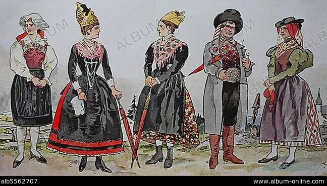 Mode, Trachten, Kleidung in Österreich um 1850, von links, Tracht im Gailtal, Kärnten, Tracht in Ischl und in Linz mit Linzer Goldhaube, Oberösterreich, Tracht in Lambach, Salzburger Alpen und Tracht in Klagenfurt, Kärnten, digital verbesserte Reproduktion einer Illustration aus dem 19. Jahrhundert.