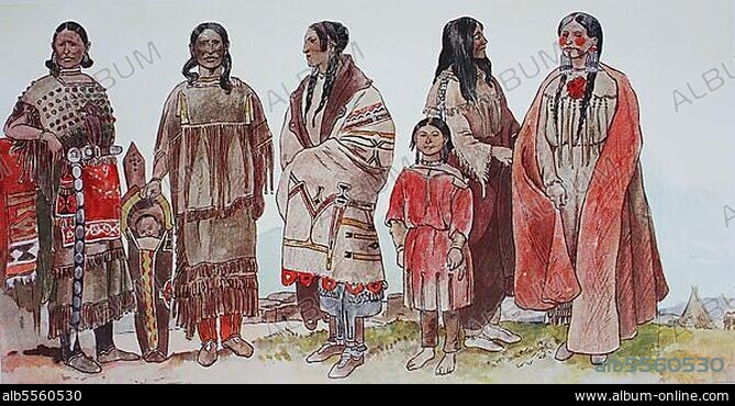 Kleidung, Mode in Nordamerika, Indianer, von links, eine Frau von Kiawa, eine Kanadierin im Lederanzug, eine Dokoto-Frau im Mantel, ein Kind der Assiniboin-Indianer, eine Frau der Snake-Indianer und eine der Cvee- oder Cvih-Indianer, digital restaurierte Reproduktion einer Originalvorlage aus dem 19. Jahrhundert.