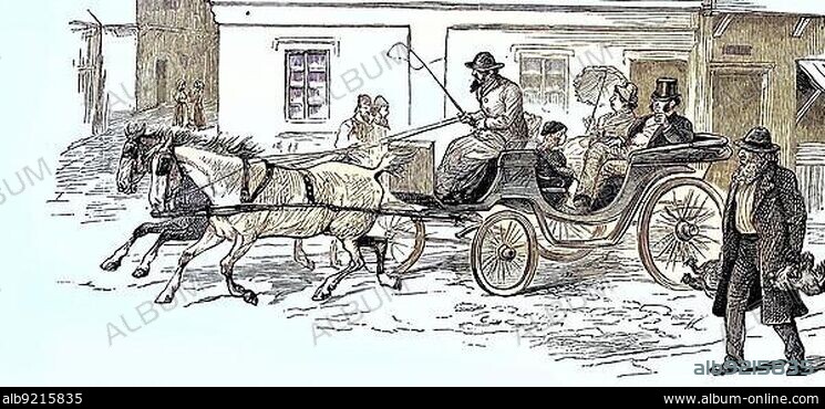 Travelling by horse-drawn carriage, distinguished couple on their way to town, here in Galatz, today Galati, a city in Romania, Historic, digitally restored reproduction of a 19th century original.