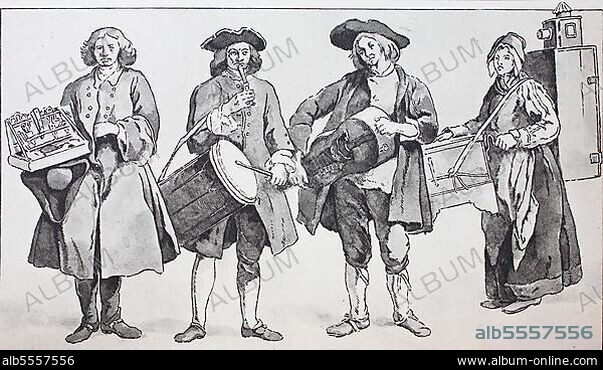 Fashion, clothing in France, Rococo, Parisian street life c. 1740, from left, a knife and a scissors dealer, a street musician with a drum and flute, a street musician with a historical instrument, the peasant lyre, and a girl with a magic lantern and a hurdy-gurdy, digitally restored reproduction of a 19th century original, exact original date not known
