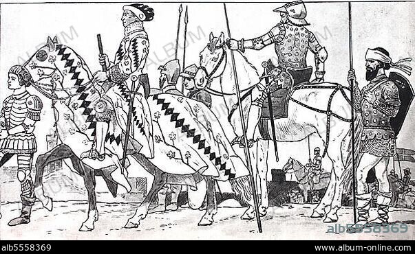 Kleidung, Mode, Ritterkostüme im Spätmittelalter, Italienische Kriegskleidung im 14. Jahrhundert, von links, Ritter in Rüstung mit Schienenschutz, ein Condottiere, italienischer Heerführer in prächtigem Anzug mit Feldherrn, Kettenrüstung, Tunika, Barett und verzierter Pferdedecke, zwei Söldner zu Fuß, italienischer Ritter und ein Söldner im gestreiften Hemd unter der Brigatine, Wickelbänder mit Stofflappen an Waden und Füssen digital verbesserte Reproduktion einer Illustration aus dem 19. Jahrhu.
