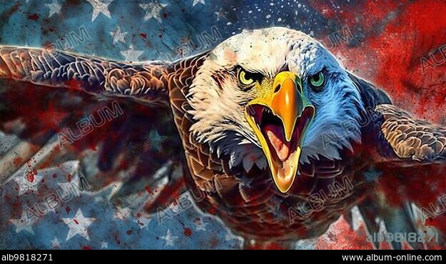Watercolor of american bald eagle over an american flag abstract background; generative AI.