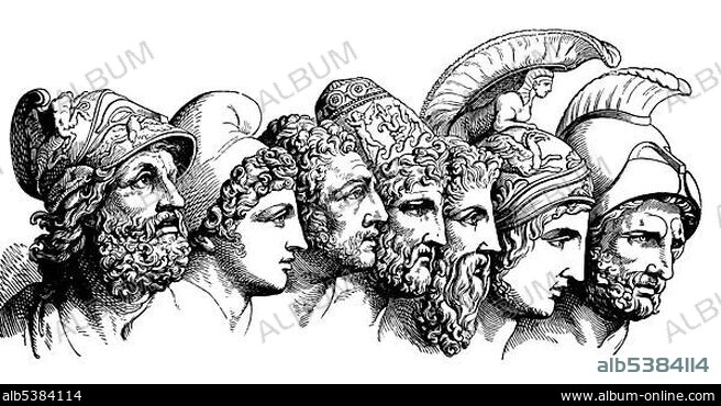 Heros of the Trojan War: Menelaus, Paris, Diomedes, Odysseus, Nestor, Achilles, Agamemnon, woodcut from 1880.