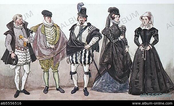 Kleidung, Mode in Frankreich zur Zeit der Renaissance um 1500-1575, spanische Mode der französischen, vornehmen Gesellschaft, von links, zwei französische Bürger, ein Adliger, eine Dame und die Ehrendame der Königin Katharina von Meidci, digitale verbesserte Reproduktion nach einem Original aus dem Jahr 1900.