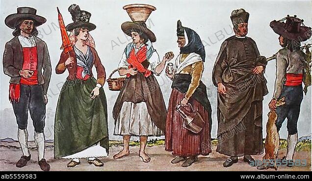 Mode, Kleidung in Portugal um 1820, ein Landmann, eine wohlhabende Frau aus der Provinz, ein Straßenhändler mit essbaren Muscheln, ein Straßenhändler, der Milch verkauft, ein Pfarrer und ein Jäger mit erlegtem Kaninchen, digital verbesserte Reproduktion einer Illustration aus dem 19. Jahrhundert.