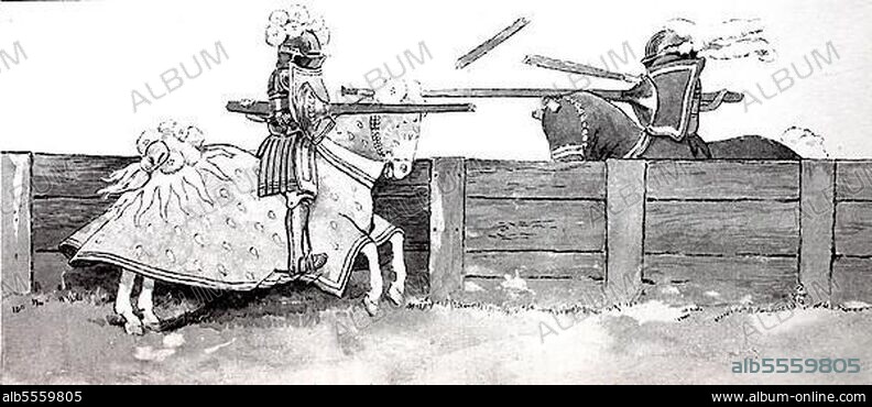 Mode, Kleidung, Ritterrüstungen im Spätmittelalter, Lanzenturnier oder Stiche über Holzschranken, rechts der rheinische Pfalzgraf Friedrich und links Herzog Wilhelm IV. von Bayern, digitale Reproduktion einer Originalvorlage aus dem 19. Jahrhundert, Originaldatum nicht bekannt.