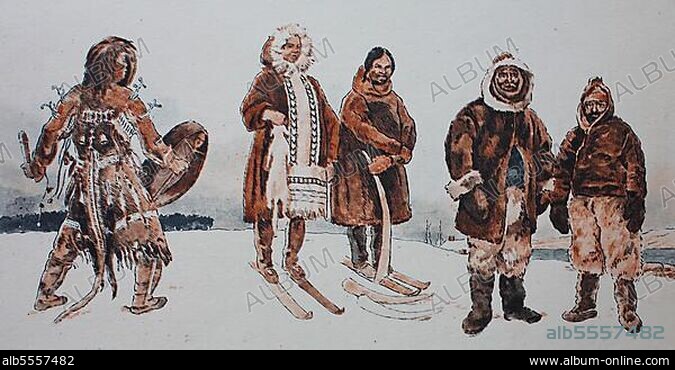 Kleidung, Mode der Eskimos, des nördlichsten Volkes der modernen Geschichte, von links, ein tungusischer Schamane, magische Priester des Jenissei-Flusses in Sibirien, dann zwei Wogulen Ostyaks, Händler mit Pelzen und Mammutzähnen und zwei europäische Nordpol-Entdecker, digital restaurierte Reproduktion einer Originalvorlage aus dem 19. Jahrhundert.