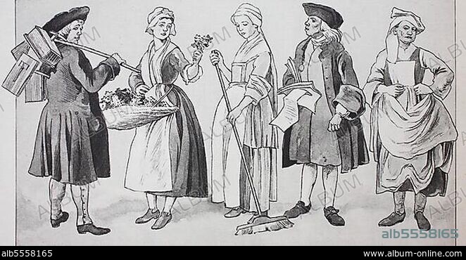 Mode, Kleidung in Frankreich, Rokoko, Pariser Straßenleben um 1740, von links, ein Händler mit Ratten und Mausefallen, Blumenmädchen mit Blumensträußen, ein Straßenkehrer, ein Händler mit Lotterielosen und ein Käufer von alten Hüten, digital restaurierte Reproduktion einer Originalvorlage aus dem 19. Jahrhundert, genaues Originaldatum nicht bekannt.