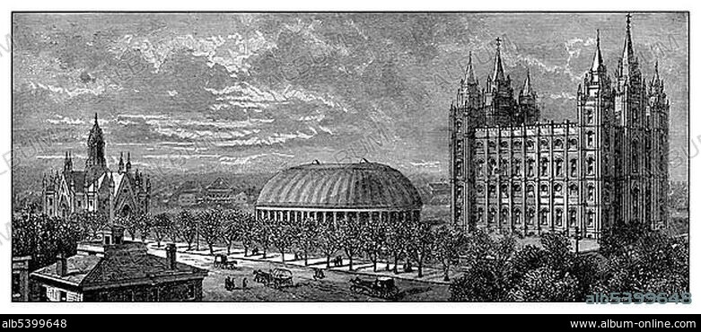 Cityscape of Salt Lake City with town hall, Tabernacle concert hall and the Mormon Temple, Church of Jesus Christ of Latter-day Saints, historic engraving, 19th Century, from the book by I Solskin Hjemmet, Ung og Gammel, Battle Creek, Michigan, 1893.