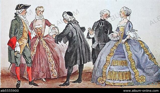 Mode, Kleidung, Trachten in Frankreich zur Zeit des Rokoko um 1755, von links, Herren und Damen und zwei Abbes, Geistliche, digitale verbesserte Reproduktion nach einem Original aus dem Jahr 1900.