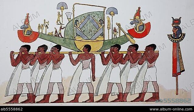 Kleidung im Alten Ägypten, Neues Reich, Spätzeit, Ramessiden, 1324-1258 v. Chr. Priester tragen in einer Prozession die heilige Rinde des Gottes Ramses, digital verbesserte Reproduktion einer Illustration aus dem 19. Jahrhundert.