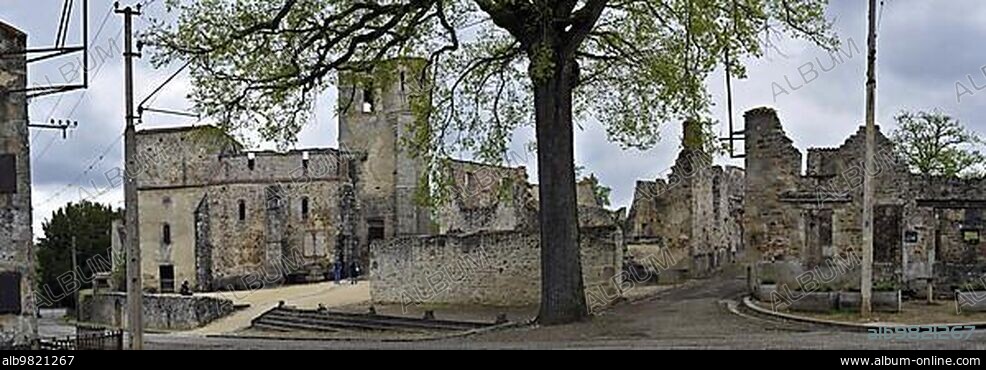 Burnt church. The burned village Oradour-sur-Glane was destroyed on 10 June 1944; when 642 of its inhabitants; including women and children; were massacred by a German Waffen-SS company; Limousin; France; Europe.