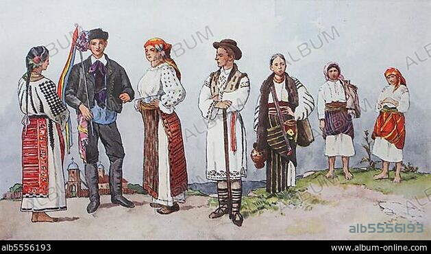 Mode, Kleidung, Volkstrachten in Rumänien, von links, eine rumänische Bäuerin aus der Walachei im Sommerkleid, ein rumänischer Bräutigam aus der Walachei, ein Rumäne aus der Walachei, ein Rumäne in echter Volkstracht und drei Frauen aus der Bukowina, digitale verbesserte Reproduktion nach einem Original aus dem Jahr 1900.