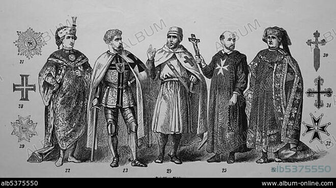 Spiritual knights, orders of monks: Stephen's Order, Teutonic Knights, Templars, Knights of St. John, Knights of the Golden Shield, woodcut from 1880.