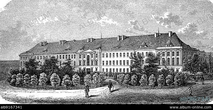 The building of the Berlin Charite, Germany, the Charite, Universitätsmedizin Berlin is a large teaching hospital in Berlin, digitally restored reproduction of an original 19th century painting, exact original date unknown, Europe.