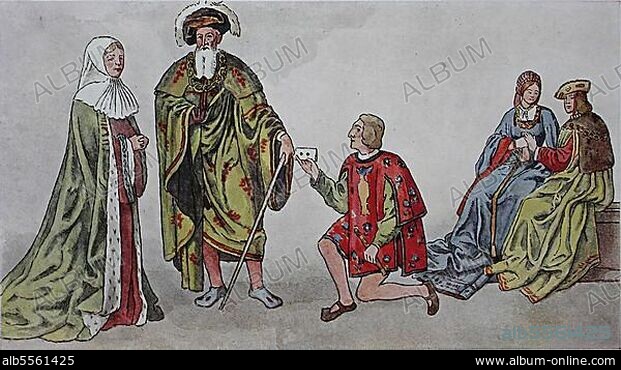Kleidung, von 1485-1510, bäuerliche Uniformen, von lks, Dame Trauer, alter Herr im weiten Mantel, Bote mit versiegeltem Brief und e vornehmes Paar, digital verbesserte Reproduktion eer Illustration aus dem 19. Jahrhundert, Mode in Frankreich.