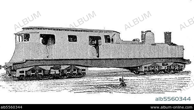 Elektrische Lokomotive von Jean-Jacques Heilmann, Frankreich, digital restaurierte Reproduktion einer Originalvorlage aus dem 19. Jahrhundert.