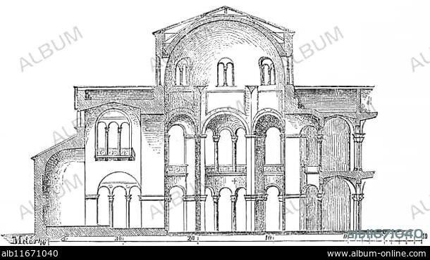 Cross-section of the church of St Vitale in Ravenna, Basilica di San Vitale, Italy, historical illustration 1880, Europe.