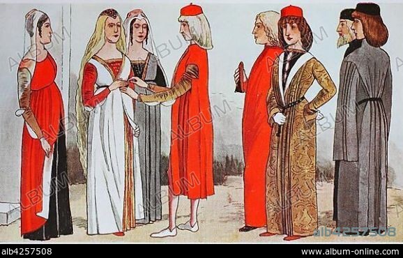 Clothing, fashion in Italy at the time of the early Renaissance around 1460-1490, illustration, Italy, Europe.