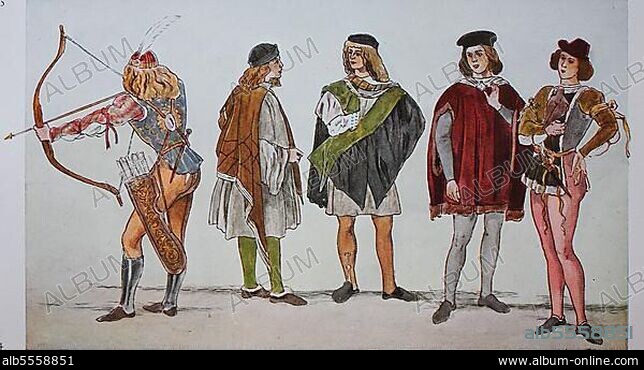 Kleidung, Mode in Italien, frühe Renaissance von 1480-1495, von links, ein Bogenschütze und junge Venezianer in unterschiedlicher Kleidung, digital restaurierte Reproduktion einer Originalvorlage aus dem 19. Jahrhundert.