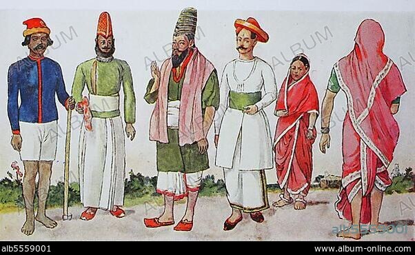 Kleidung, Mode in Indien in der modernen Geschichte, von links, ein Gärtner aus Puna, zwei Landbesitzer aus dem gleichen Gebiet, dann eine Frau eines Maharatta, eines Kriegerstammes, digital restaurierte Reproduktion einer Originalvorlage aus dem 19. Jahrhundert.