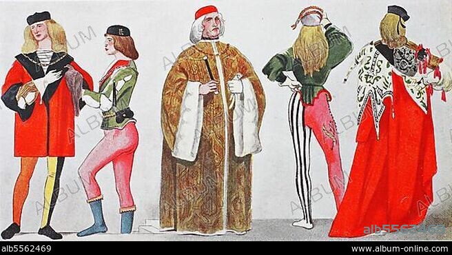 Kleidung, Mode in Italien, Venedig, venezianische Kostüme um 1485, von links, ein Page und ein Falkner, ein Podesta, ein Bürgermeister, zwei junge Venezianer, Mitglieder einer vornehmen bürgerlichen Zunft, digital restaurierte Reproduktion einer Originalvorlage aus dem 19. Jahrhundert.