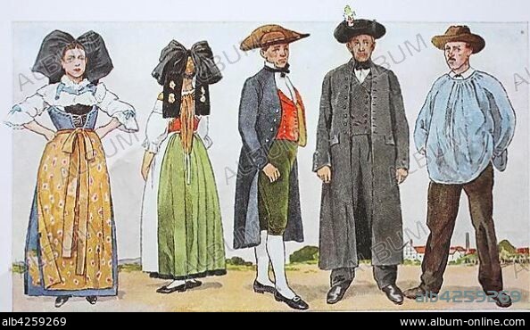 Fashion, historical clothes, folk costumes in France, Alsace around the 19th century, illustration, France, Europe.