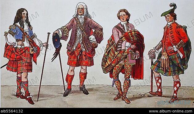 Mode, Kostüme, Kleidung in Schottland, von links, ein Herr des Clan Roberts im Jahr 1670, dann ein Herr des Clan Intoshes, frühes 18. Jahrhundert, ein Herr des Clan Ogilios, Mitte des 18. Jahrhunderts, Regimentstracht in den Farben des Clan Kennedy, digital verbesserte Reproduktion einer Illustration aus dem 19. Jahrhundert.