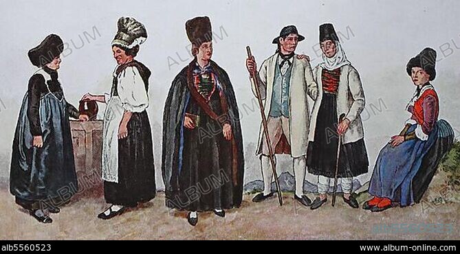 Mode, Trachten, Kleidung in Österreich 1850, von links, Frau aus Bludenz, Vorarlberg, Frau aus dem Montafon, Vorarlberg mit hoher Goldhaube, die Schabbale, dann Mädchen in Kirchentracht aus dem oberen Lechtal, Paar in alter Tracht des 18. Jahrhunderts aus dem oberen Lechtal und ein Mädchen aus dem Ötztal mit Spitzenkragen und wollene Rundmütze, digital verbesserte Reproduktion einer Illustration aus dem 19. Jahrhundert.