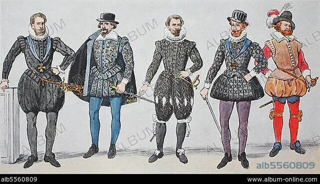 Mode, Kostüme, Kleidung in Frankreich, um 1630-1640, Heinrich IV. und sein Hofstaat, von links, König Heinrich IV. von Frankreich, dann zwei Adlige, wieder Heinrich IV. mit spanisch gestreiftem Hut und ein Söldnerführer mit Federhut, digitale verbesserte Reproduktion nach einem Original aus dem Jahr 1900.