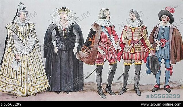 Mode, Kleidung in Frankreich, um 1630-1640, von links, zweimal Maria de Medici, die Gemahlin Heinrichs IV. in verschiedenen Kostümen, dann zwei Adlige zur Zeit Ludwigs XIII. und ein Bürger um 1610, digitale verbesserte Reproduktion nach einem Original aus dem Jahr 1900.