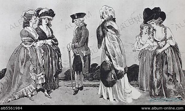 Mode, Kleidung in England, Englische Mode um 1770-1795, in der Mitte die Londoner Schauspielerin Elisabeth Farren, spätere Frau von Lord Derby, nach einem Porträt von Lawrence, 1792, gestochen von Bartolozzi, digital restaurierte Reproduktion einer Originalvorlage aus dem 19. Jahrhundert, genaues Originaldatum nicht bekannt.
