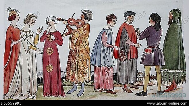 Kleidung, Mode der italienischen Frührenaissance, 14. Jahrhundert, um 1340, 1360, von links, drei adlige Damen in langem Kleid, Musiker in langem Rock, vornehmes Mädchen, Bürgerin in langem Rock, einfache Bürgerin in kurzem Gürtelrock und Herr in langem, daunengezacktem Stoffmandel mit aufgesetztem Kapuzenkragen, digital verbesserte Reproduktion einer Illustration aus dem 19. Jahrhundert.