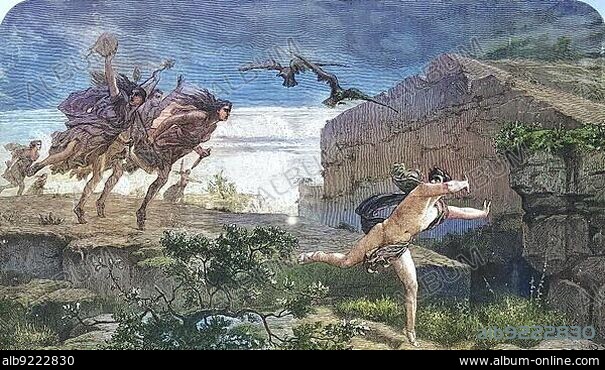 The Death of Penthee, Pentheus, in Greek mythology the son of (Echion) and Agaue, the daughter of Kadmos, Historical, digitally restored reproduction of a 19th century original, exact original date unknown.