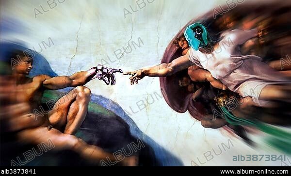 The Creation of Adam, Michelangelo, composed with robot hand and head.