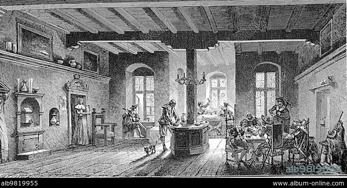 The historical inn Zur Goldenen Gans in Nuremberg; Germany; in the year 1500; Historical; digitally restored reproduction from a 19th century original; Europe.