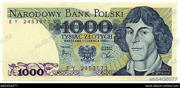 Historic banknote, 1000 zloty, image of Nicholas Copernicus, 1982, Poland, Europe.