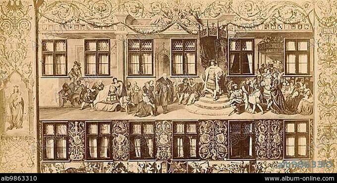 Fresco on a façade of the former home of Hans Jakob Fugger in Augsburg, c. 1870, Germany, Historic, digitally restored reproduction from a 19th century original, Europe.