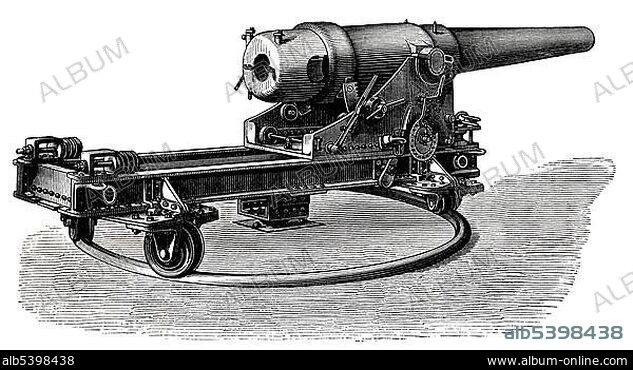Illustration, cannon, German marine turret cannon with an upper deck mount and a central pivot, 19th Century, Meyers Konversations-Lexikon encyclopaedia, 1889.